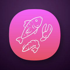Seafood app icon. Omega 3 source products UI/UX user interface. Gourmet meal, healthy food. Web or mobile application. Salmon fish, shrimp and lobster claw vector isolated illustration