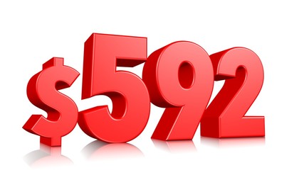 592$ Five hundred ninety two price symbol. red text number 3d render with dollar sign on white background