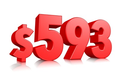 593$ Five hundred ninety three price symbol. red text number 3d render with dollar sign on white background