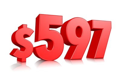 597$ Five hundred ninety seven price symbol. red text number 3d render with dollar sign on white background