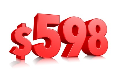 598$ Five hundred ninety eight price symbol. red text number 3d render with dollar sign on white background