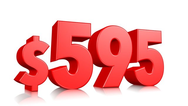 595$ Five hundred ninety five price symbol. red text number 3d render with dollar sign on white background