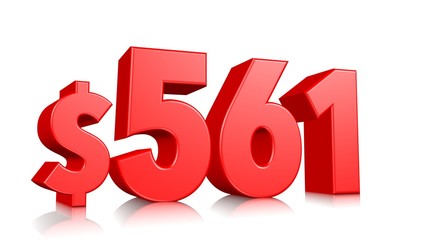561$ Five hundred sixty-one price symbol. red text number 3d render with dollar sign on white background