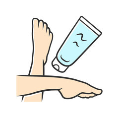 Moisturizing foot cream, sunblock color icon. Feminine hygiene, body care isolated vector illustration. Cosmetology, skincare product. Suntan and sunburn protection. Woman legs and lotion tube