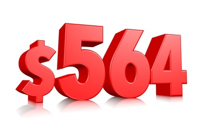 564$ Five hundred sixty-four price symbol. red text number 3d render with dollar sign on white background