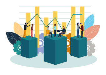 Vector illustration. Growth chart concepts, work of professional people teamwork