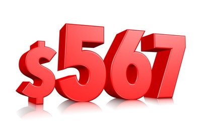567$ Five hundred sixty-seven price symbol. red text number 3d render with dollar sign on white background
