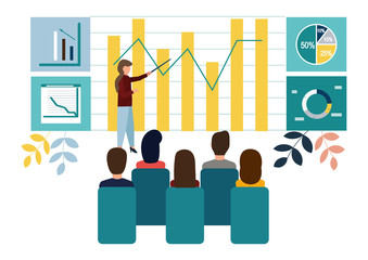 Vector illustration. Growth chart concepts, work of professional people teamwork. Flat style.