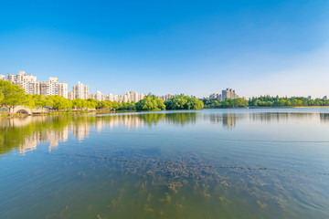 Fototapeta na wymiar Lakeside View of Daning Tulip Park, Shanghai