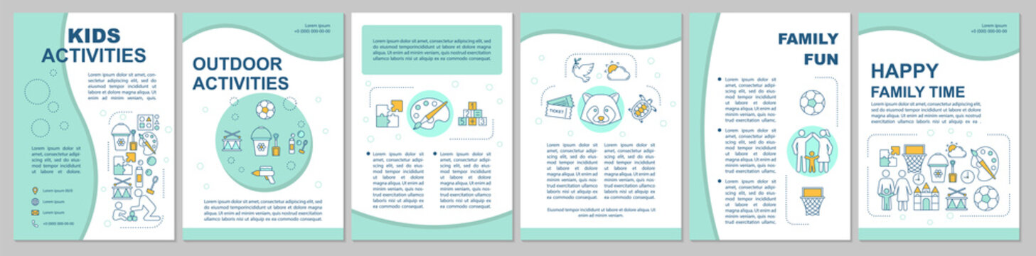 Kids activities brochure template layout. Happy family time. Flyer, booklet, leaflet print design with linear illustrations. Vector page layouts for magazines, annual reports, advertising posters