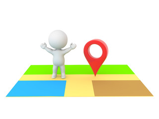 Happy 3D Character standing on map next to red location pin