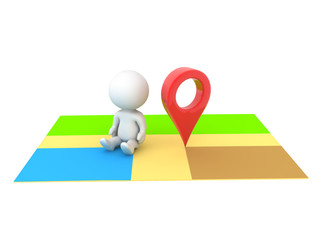 3D Character sitting next to location pin on map