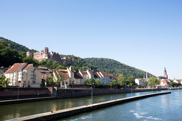 Fototapeta na wymiar blick auf eine siedlung und die berge in der Nähe von Heidelberg Deutschland fotografiert während einer Schiffsrundfahrt auf dem Neckar bei Sonnenschein