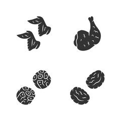 Butchers meat glyph icons set. Chicken ham, wings, burger patties, oxtails. Meat production and sale. Butchery business. Protein sources. Silhouette symbols. Vector isolated illustration