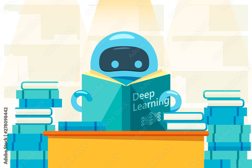 Poster Robot or bot reading deep learning exercise book.