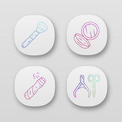 Skin care attributes app icons set. UI/UX user interface. Makeup accessories, feminine hygiene. Web or mobile applications. Vector isolated illustrations. Scissors, cosmetic brush, mirror, body spray