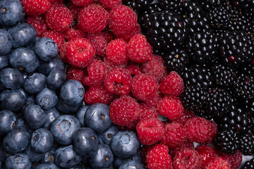 Mix berries and fruits. The view from the top. Background berries are diagonally Black-blue and red food.