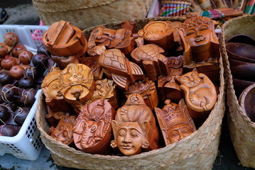 Hand crafted wooden boxes on sale on Bali island. Traditional Balinese craft.