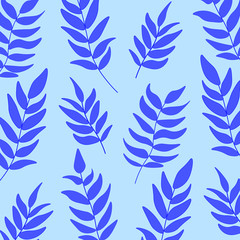 Beautiful vector illustration. Minimalistic floral pattern with blue leaves. Light blue background. 