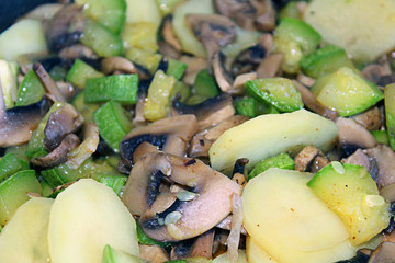 Ragout from spring young potato, cooked with mushrooms, zucchini and spices.