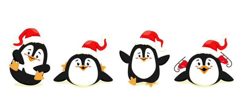 Set of cute and funny penguins in motion with red caps. Christmas penguins. Vector isolates on a white background.