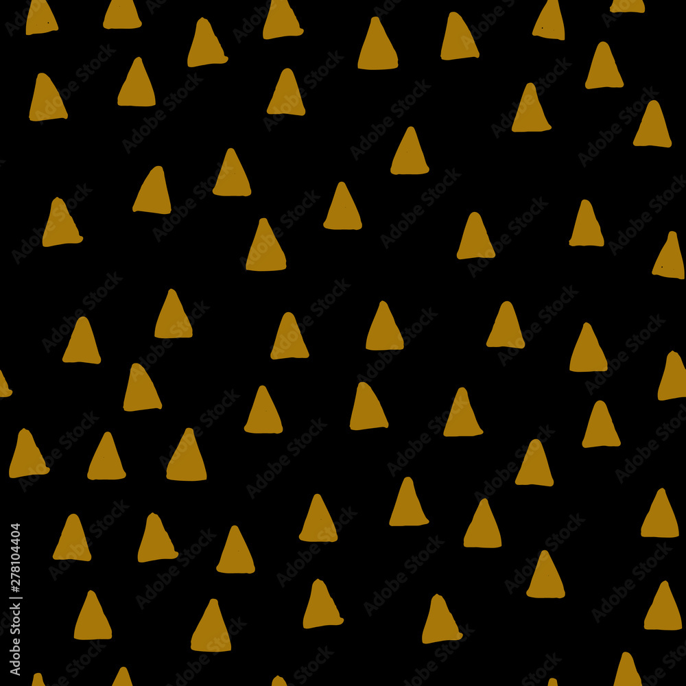 Poster vector abstract seamless pattern. hand drawn simple gold triangles isolated on black background. des