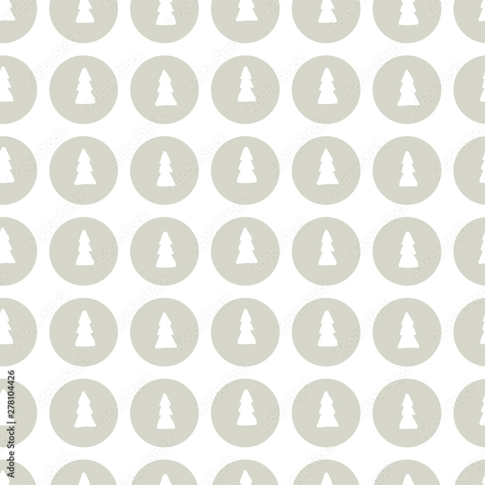 Poster vector abstract christmas tree seamless pattern. hand drawn simple tree symbol in grey circle frame 