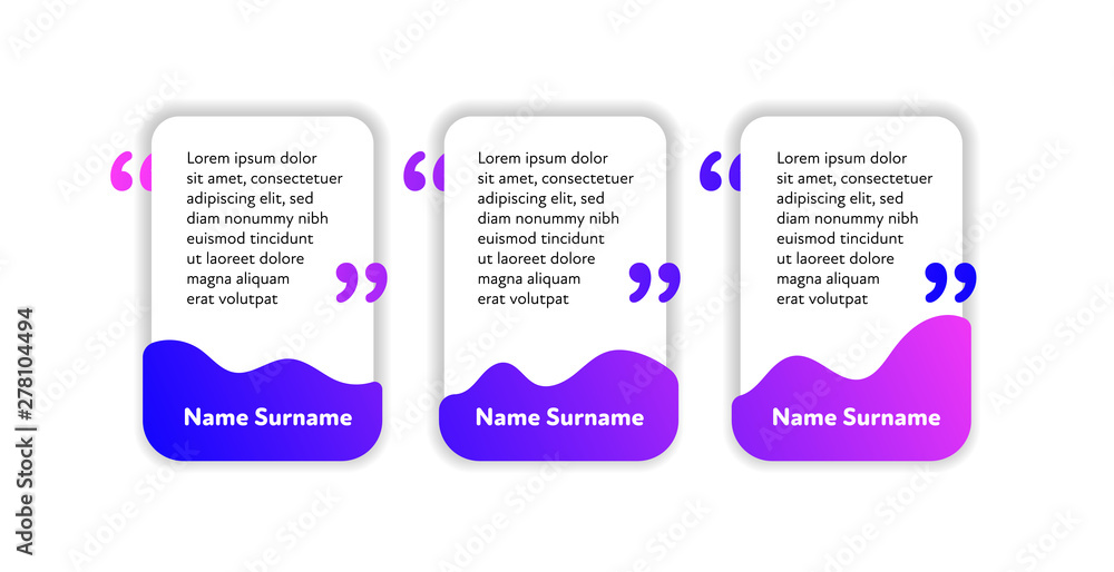 Poster set of vector fluid quote frame template. colorful purple gradient shapes background with commas for