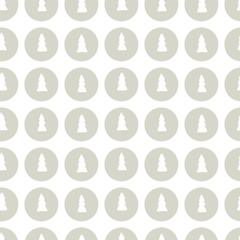 Vector abstract christmas tree seamless pattern. Hand drawn simple tree symbol in grey circle frame isolated on white background Design holiday repeat tile for textile, texture, wrapping paper, banner