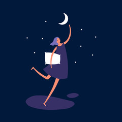 Vector person dream modern illustration. Trendy style female fly over the moon to star isolated on blue night sky background. Concept of dreaming, spiritual growth, success, happiness.