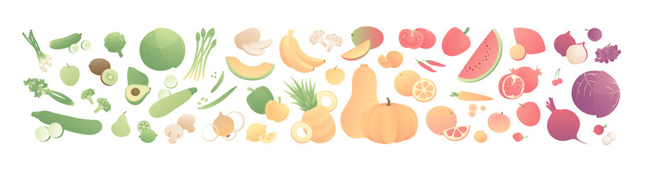 Vector color fruit and vegetables poster. Creative modern style flat illustration of plant sorted by color isolated on white background. Design for banner, poster, web, vegeterian summer menu, vitamin