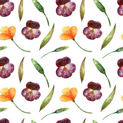 Watercolor wildflowers. Gentle seamless pattern with pansies, scissors and spikelets