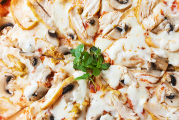Pizza with chicken and mushrooms top view