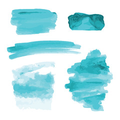 Turquoise, light blue watercolor shapes, splotches, stains, paint brush strokes. Abstract watercolor texture backgrounds set. Isolated on white background. Vector illustration.