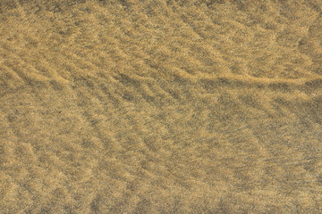 Wet natural sand beach and smooth after surf texture background. Summer vacation and business travel freedom adventure concept. Close up selective focus