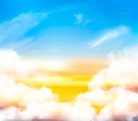Naklejka na ściany i meble Sunset sky background with white transparent clouds and sun. Vector