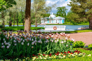 Grotto pavilion and spring tulips in Catherine park, Tsarskoe Selo (Pushkin), Saint Petersburg,...