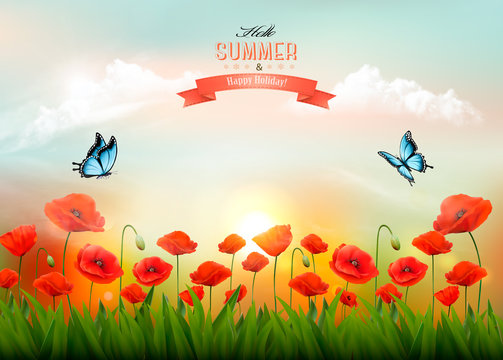 Summer nature background with red poppies and a white clouds. Vector.
