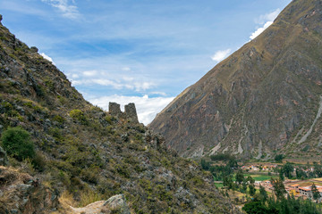 Fototapeta na wymiar Peruvian mountain landscape with Ruins of Ollantaytambo in Sacred Valley of the Incas in Cusco, Peru