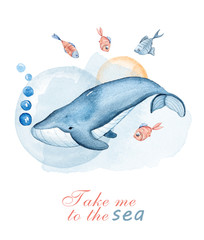 Obraz na płótnie Canvas Watercolor hand painted whale and fish. Cute illustration on white background. Perfect for greeting card, print, invitation