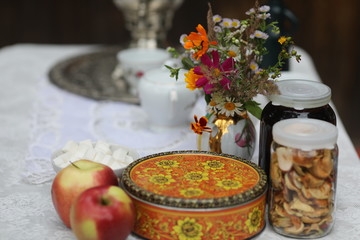 Naklejka na ściany i meble Russian tea ceremony with samovar and sweets and fruits