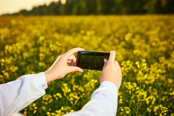 Agronomist woman or farmer inspect quality of canola field and taking photo with mobile phone