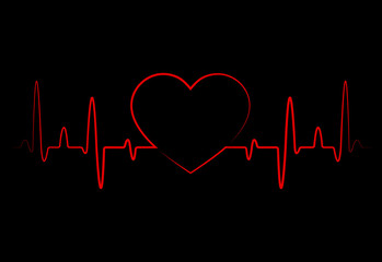 Abstract heart beats, cardiogram. Cardiology black background with red heart. Pulse of life line forming heart shape. Medical design with red heart. vector eps10