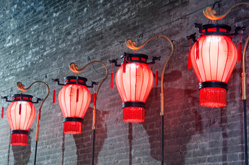 red chinese lanterns lit xian china - obrazy, fototapety, plakaty
