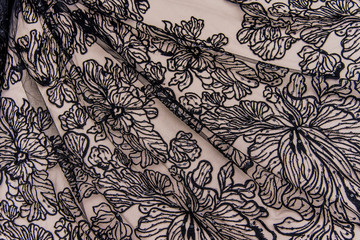 Texture lace fabric. lace on white background studio. thin fabric made of yarn or thread. a...