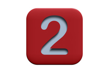 Red textured icon with number 2 isolated on white, 3d illustration