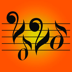 Musical notes painted on orange background new year 2020