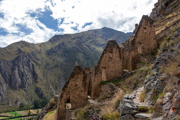 Peruvian mountain landscape with Ruins of Ollantaytambo in Sacred Valley of the Incas in Cusco, Peru