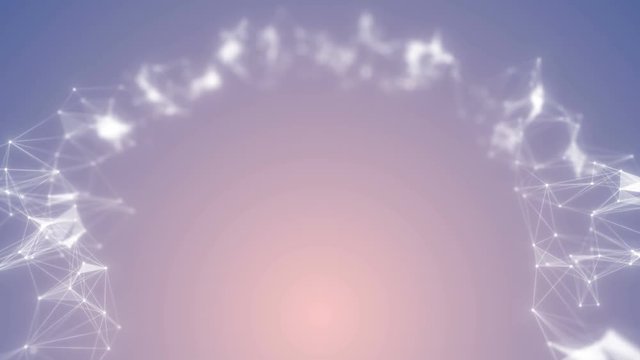 Abstract geometric composition from chaotic slow moving dots and lines. Particle dots and lines plexus loop cycle pink background.