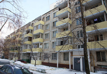 Fototapeta na wymiar Moscow - January 2016: Old five story residential buildings, the program of housing renovation.